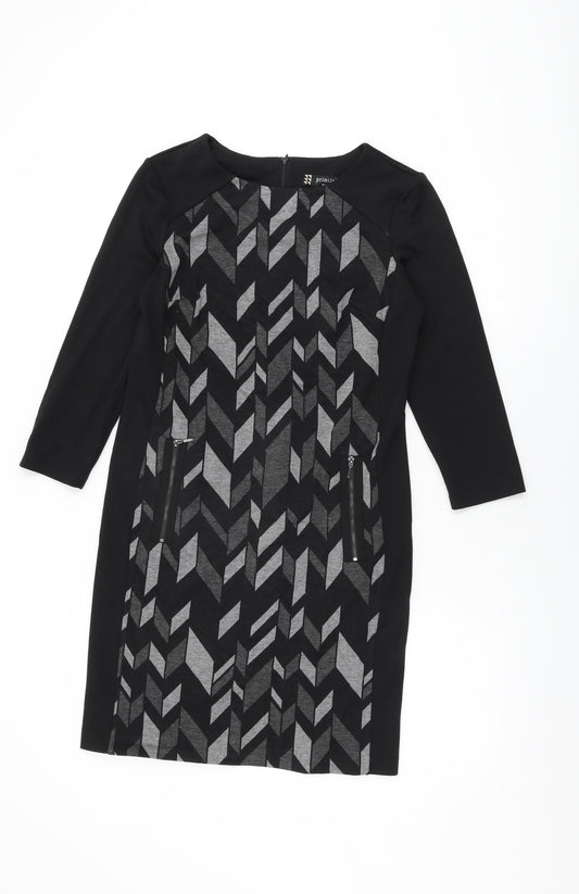 Principles Womens Black Geometric Viscose Shift Size 10 Round Neck Zip