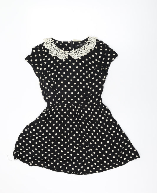 Dorothy Perkins Womens Black Polka Dot Viscose Skater Dress Size 10 Collared Zip