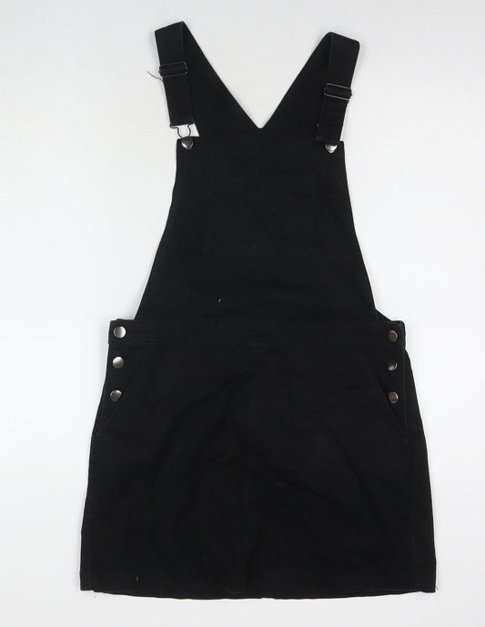 Dorothy Perkins Womens Black Cotton Pinafore/Dungaree Dress Size 10 Square Neck Button