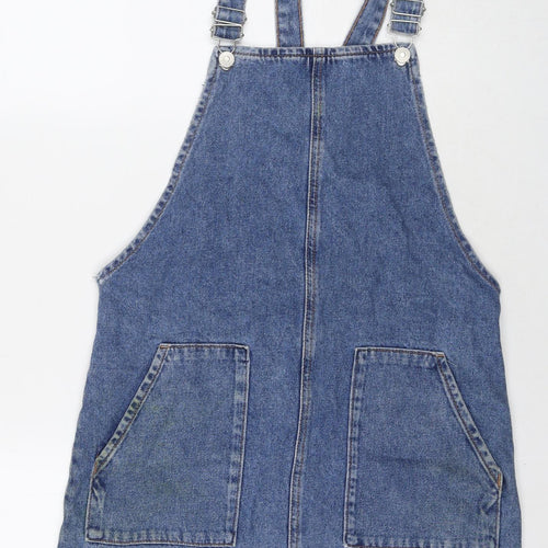 Topshop Womens Blue Cotton Pinafore/Dungaree Dress Size 10 Square Neck Button