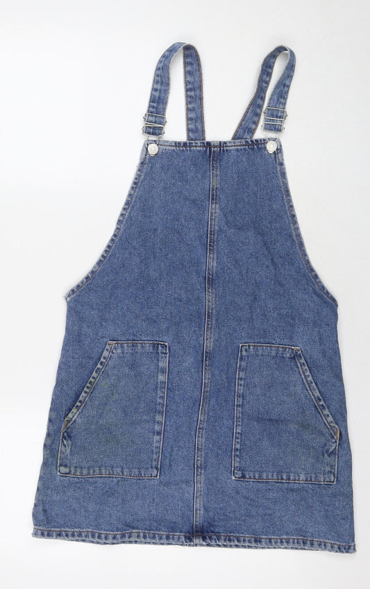 Topshop Womens Blue Cotton Pinafore/Dungaree Dress Size 10 Square Neck Button