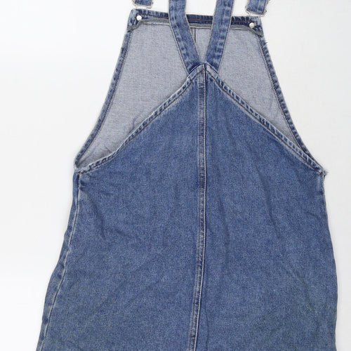 Topshop Womens Blue Cotton Pinafore/Dungaree Dress Size 10 Square Neck Button