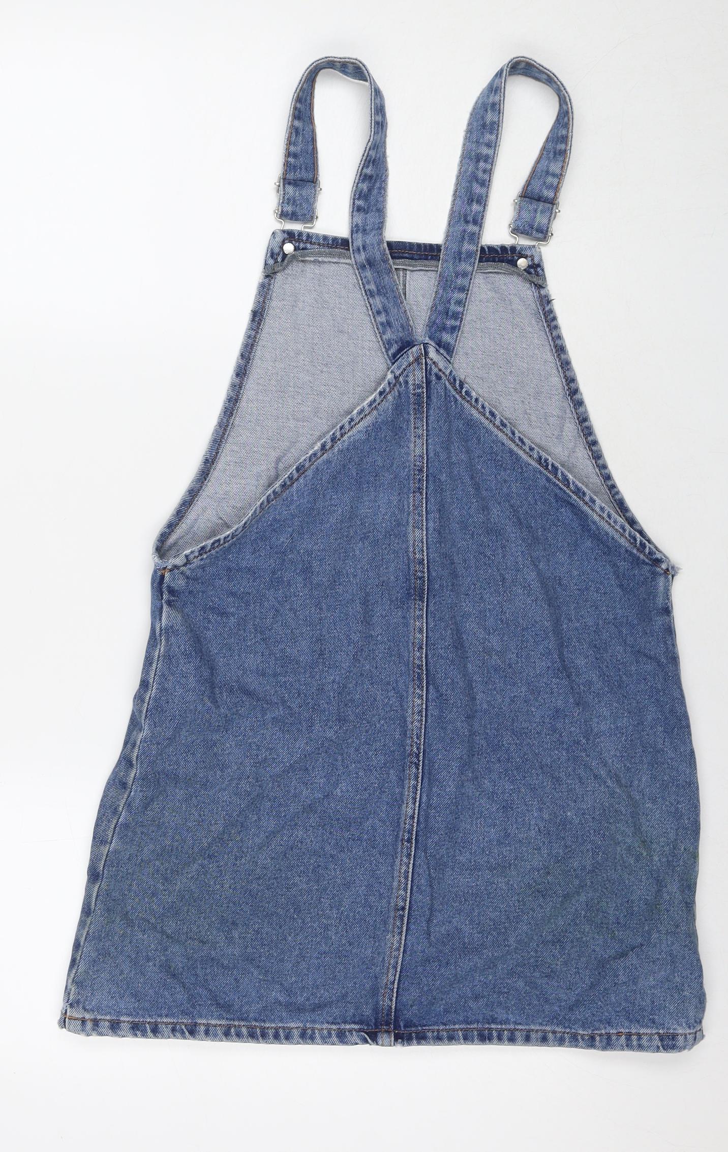 Topshop Womens Blue Cotton Pinafore/Dungaree Dress Size 10 Square Neck Button