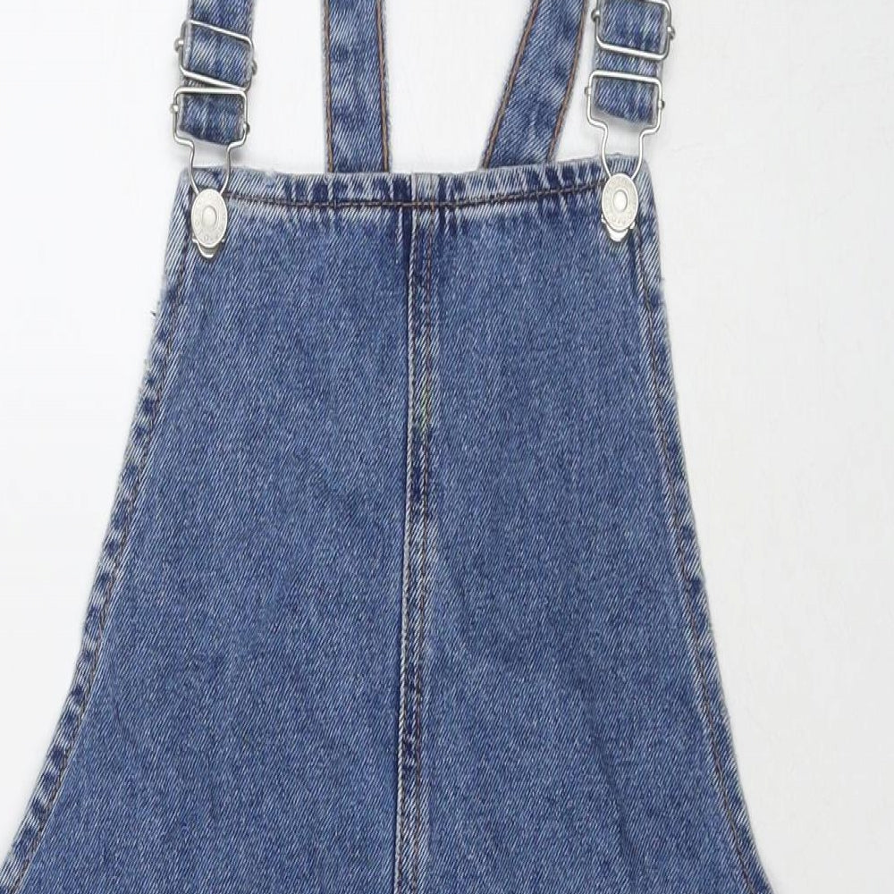 Topshop Womens Blue Cotton Pinafore/Dungaree Dress Size 10 Square Neck Button