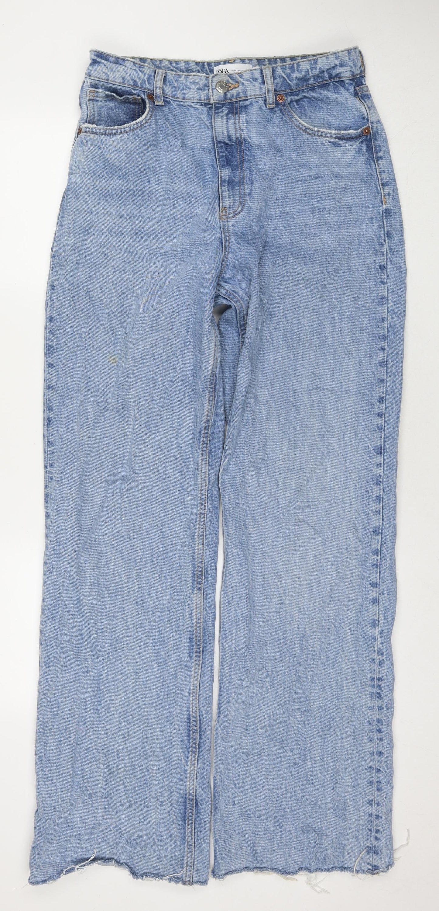 Zara Womens Blue Polyester Blend Wide-Leg Jeans Size 12 L35 in Regular Zip