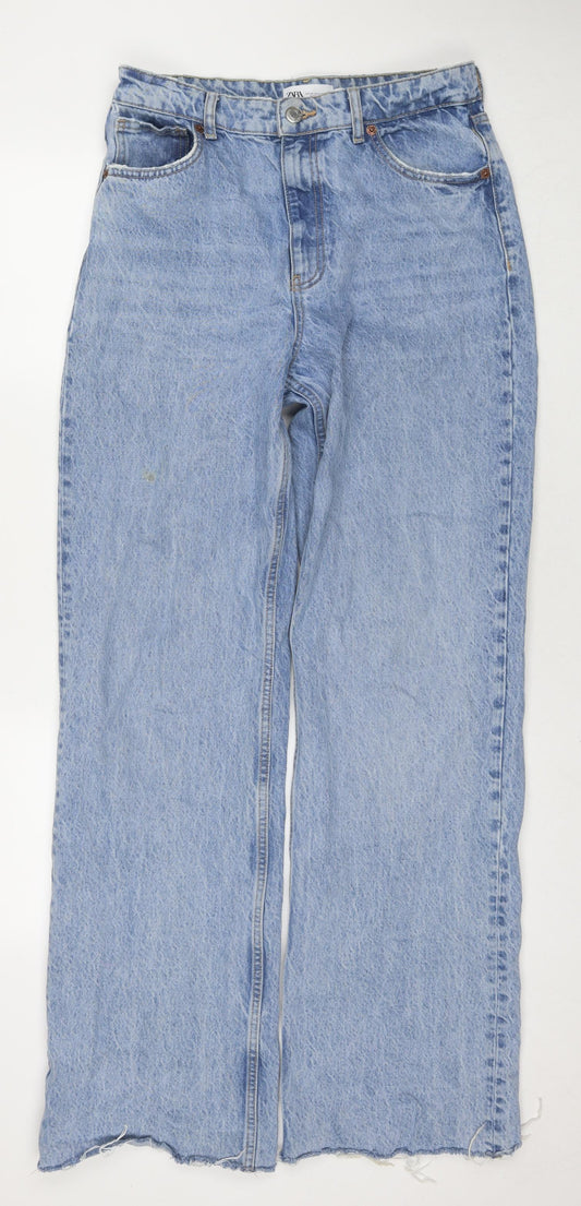 Zara Womens Blue Polyester Blend Wide-Leg Jeans Size 12 L35 in Regular Zip