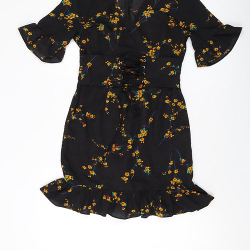 PRETTYLITTLETHING Womens Black Floral Polyester Mini Size 10 V-Neck Zip