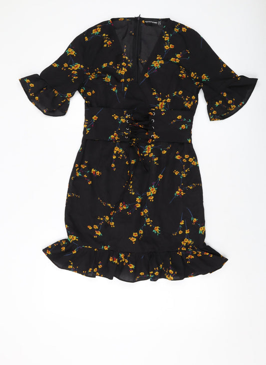 PRETTYLITTLETHING Womens Black Floral Polyester Mini Size 10 V-Neck Zip