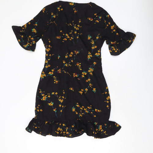 PRETTYLITTLETHING Womens Black Floral Polyester Mini Size 10 V-Neck Zip