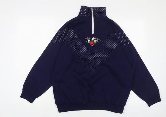 le charlade Womens Blue Floral Acrylic Pullover Sweatshirt Size M Zip