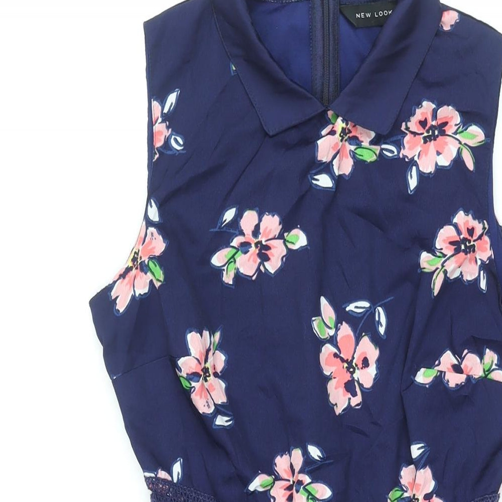 New Look Womens Blue Floral Polyester A-Line Size 8 Collared Zip