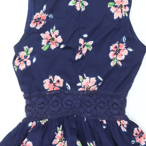 New Look Womens Blue Floral Polyester A-Line Size 8 Collared Zip