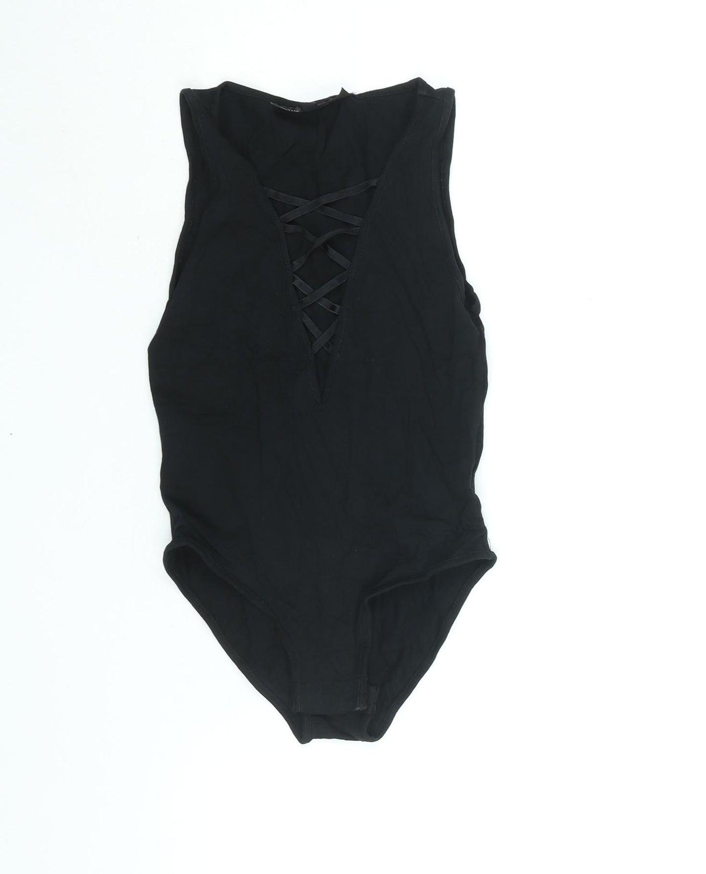 Topshop Womens Black Cotton Bodysuit One-Piece Size 6 Snap - Lace Up Detail