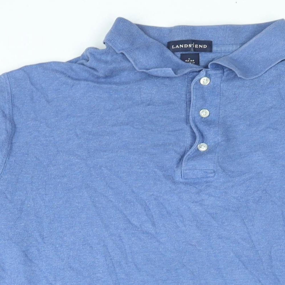 Lands' End Mens Blue Cotton Polo Size L Collared Button