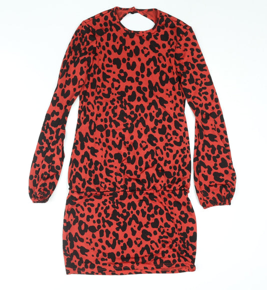 ASOS Womens Red Animal Print Polyester Mini Size 8 Round Neck Button - Backless