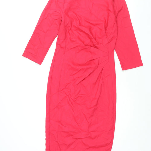 Marks and Spencer Womens Pink Polyester Pencil Dress Size 8 Round Neck Zip - Rouched