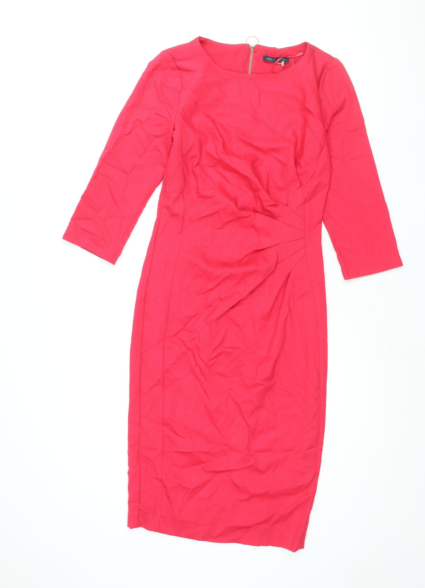 Marks and Spencer Womens Pink Polyester Pencil Dress Size 8 Round Neck Zip - Rouched