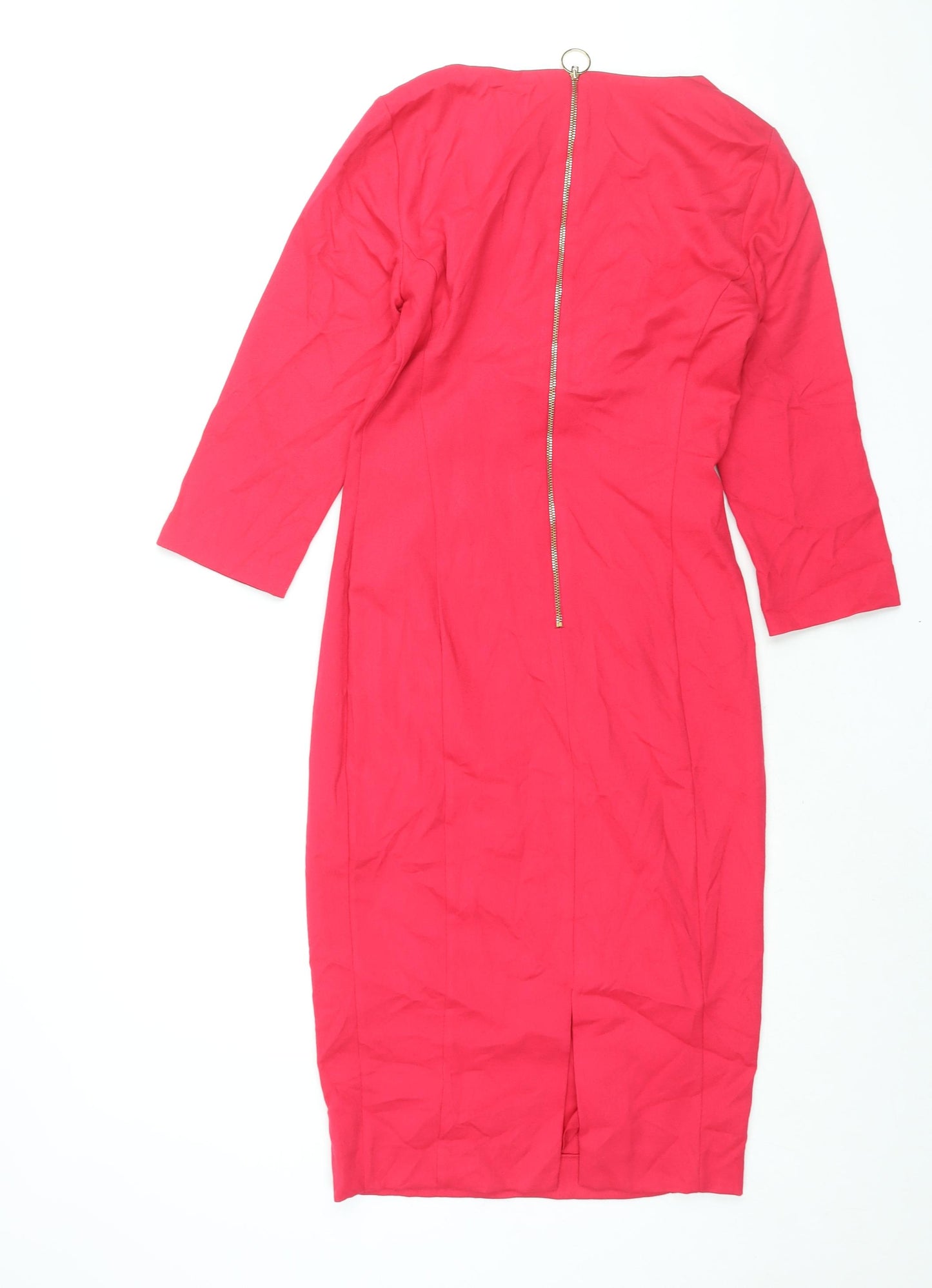 Marks and Spencer Womens Pink Polyester Pencil Dress Size 8 Round Neck Zip - Rouched