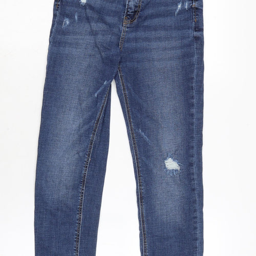 Stadivarious Womens Blue Cotton Blend Tapered Jeans Size 10 L25 in Regular Zip - Raw Hem