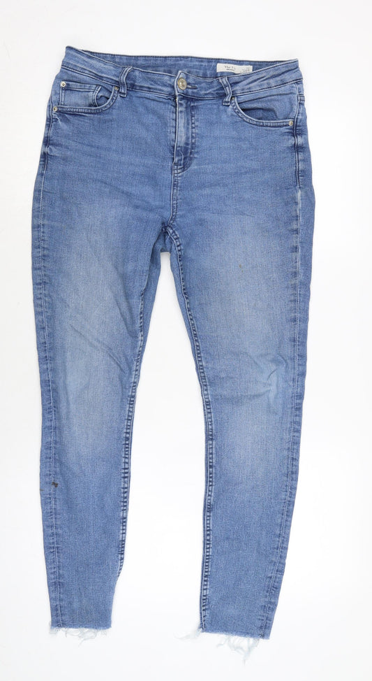 Marks and Spencer Womens Blue Cotton Blend Tapered Jeans Size 12 L25 in Regular Zip - Raw Hem