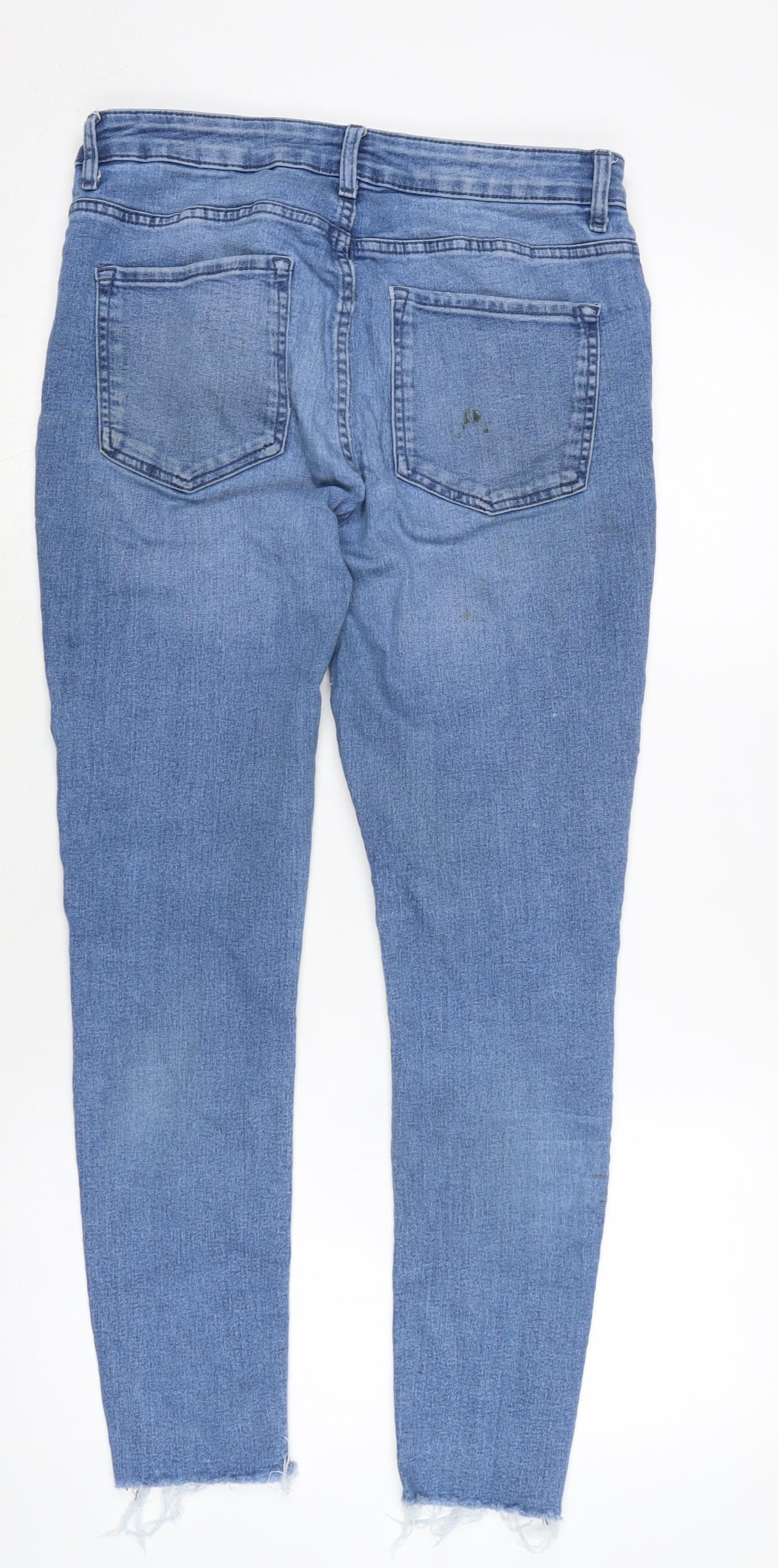 Marks and Spencer Womens Blue Cotton Blend Tapered Jeans Size 12 L25 in Regular Zip - Raw Hem