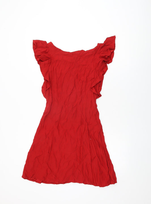 topshop- Womens Red Viscose Shift Size 10 Round Neck Button