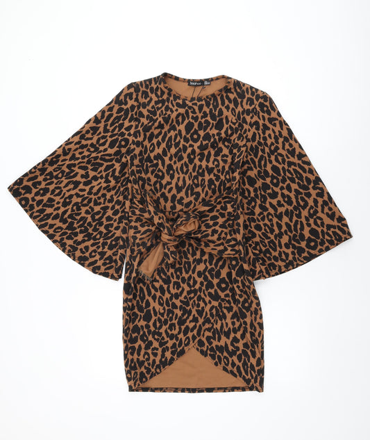 Boohoo Womens Brown Animal Print Polyester Bodycon Size 8 Round Neck Pullover