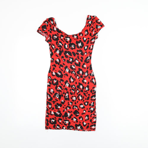 New Look Womens Red Animal Print Viscose Bodycon Size 8 Round Neck Pullover