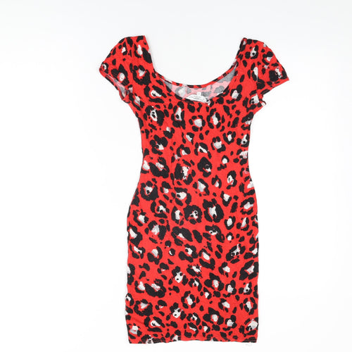 New Look Womens Red Animal Print Viscose Bodycon Size 8 Round Neck Pullover