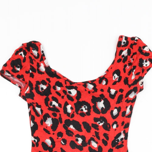 New Look Womens Red Animal Print Viscose Bodycon Size 8 Round Neck Pullover