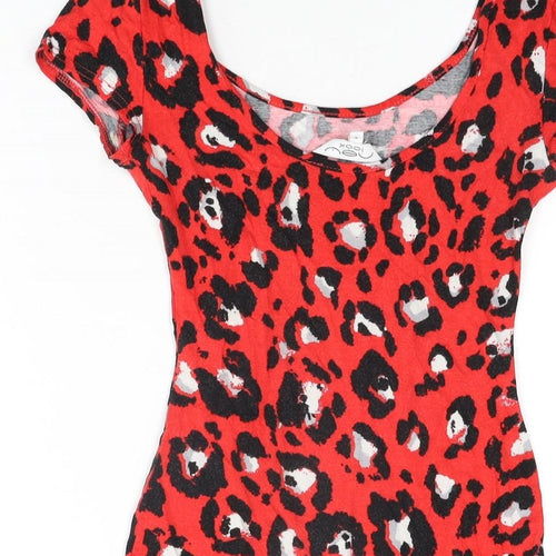 New Look Womens Red Animal Print Viscose Bodycon Size 8 Round Neck Pullover