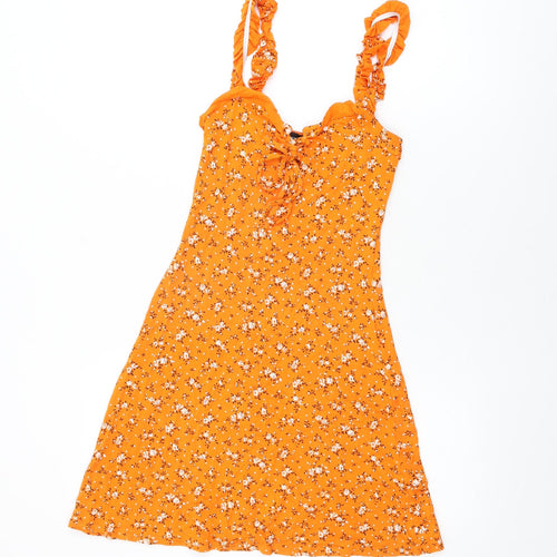 PRETTYLITTLETHING Womens Orange Floral Viscose Mini Size 8 V-Neck Pullover