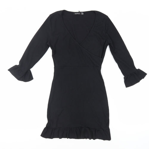 Boohoo Womens Black Polyester Mini Size 8 V-Neck Pullover - Ruffle