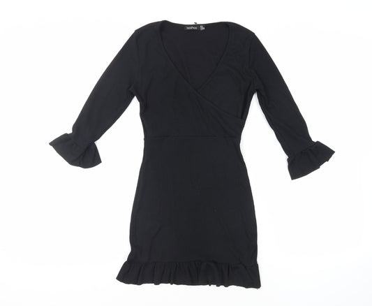 Boohoo Womens Black Polyester Mini Size 8 V-Neck Pullover - Ruffle