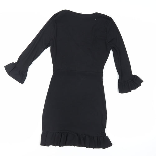 Boohoo Womens Black Polyester Mini Size 8 V-Neck Pullover - Ruffle