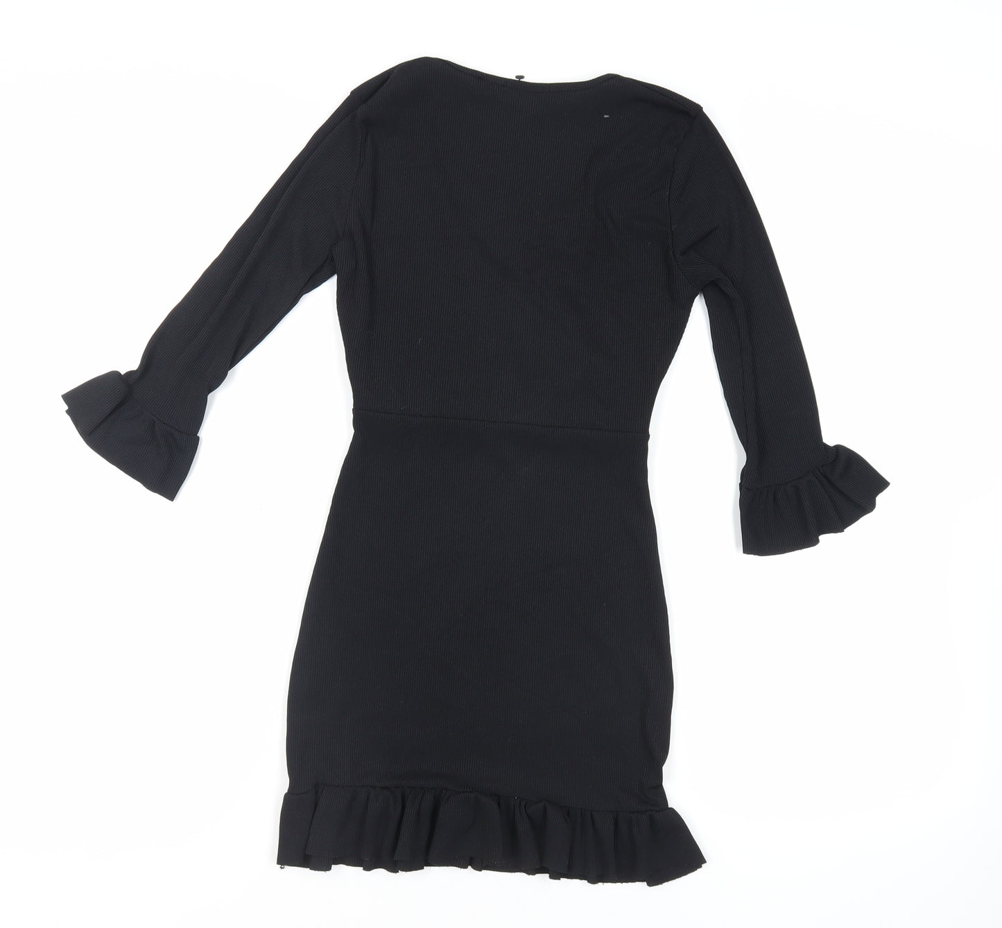 Boohoo Womens Black Polyester Mini Size 8 V-Neck Pullover - Ruffle