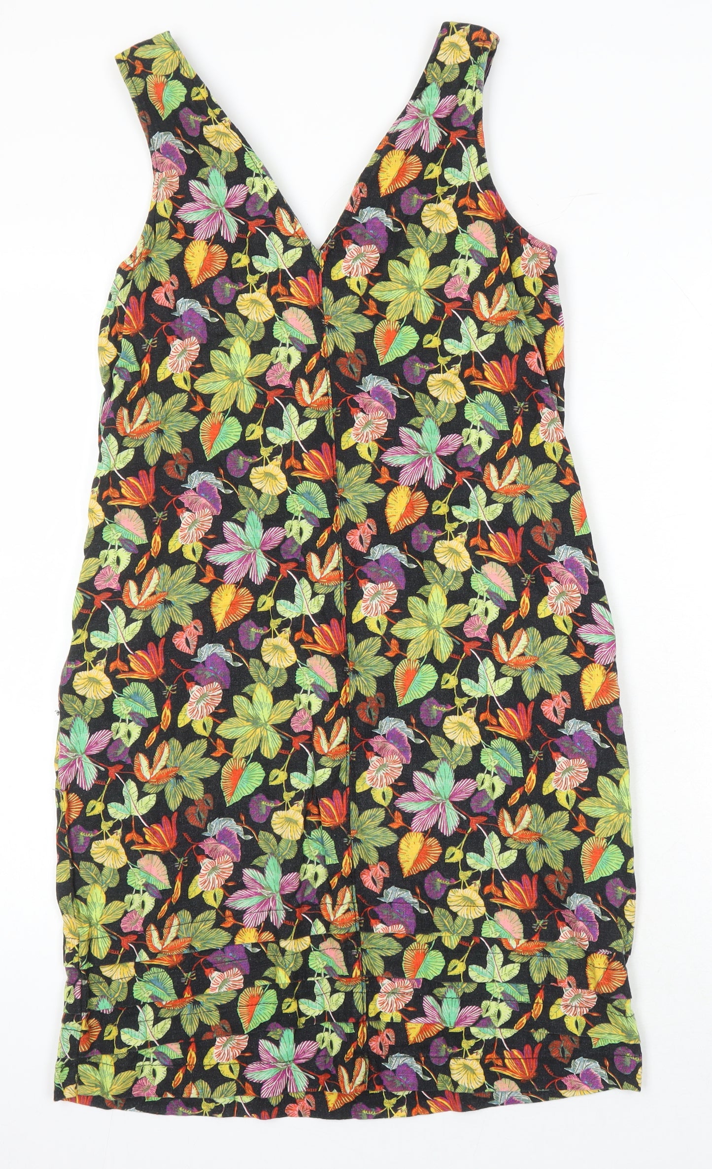 NEXT Womens Multicoloured Floral Linen Pinafore/Dungaree Dress Size 8 V-Neck