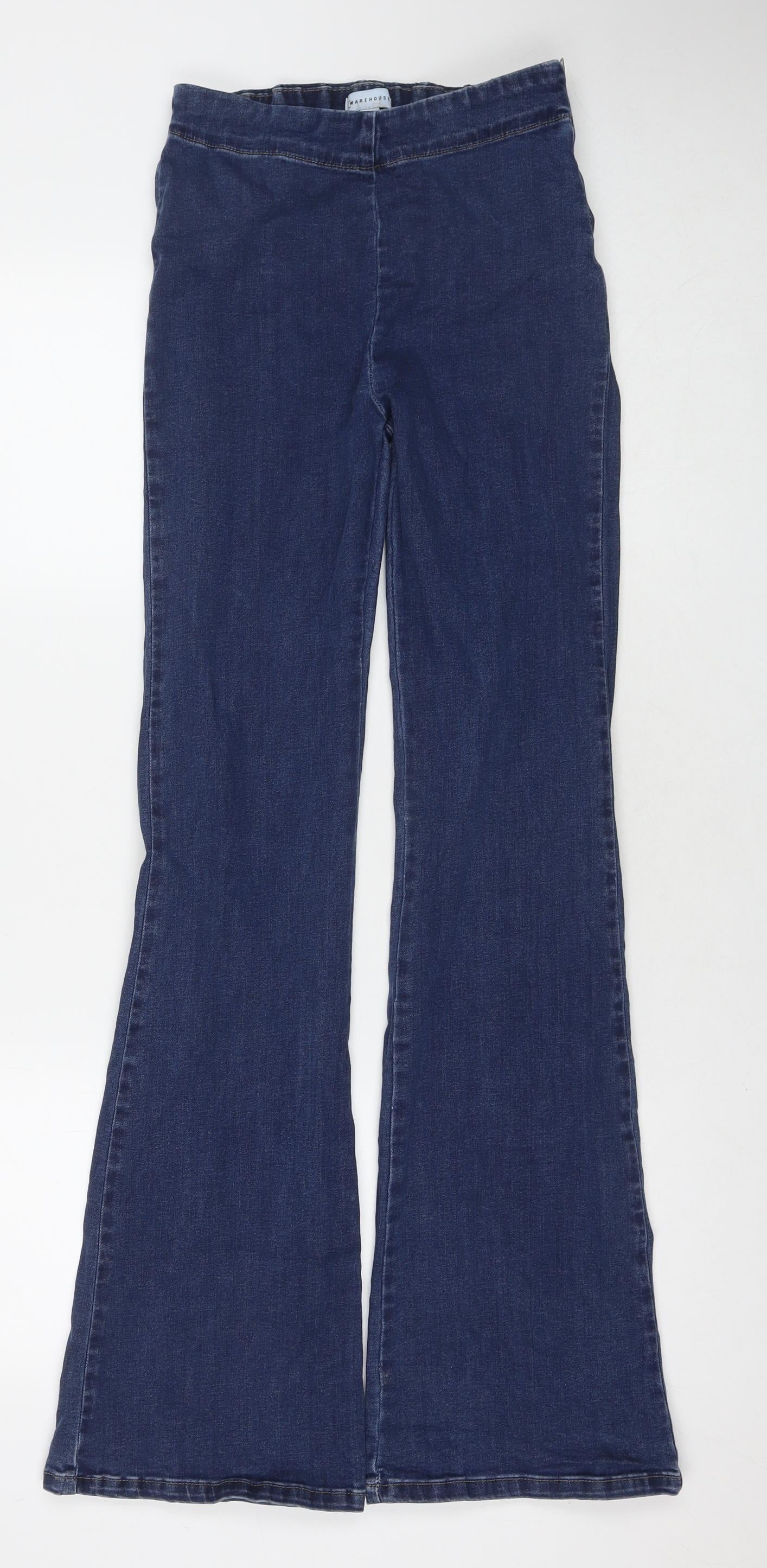 Warehouse Womens Blue Cotton Flared Jeans Size 10 L32 in Regular Zip