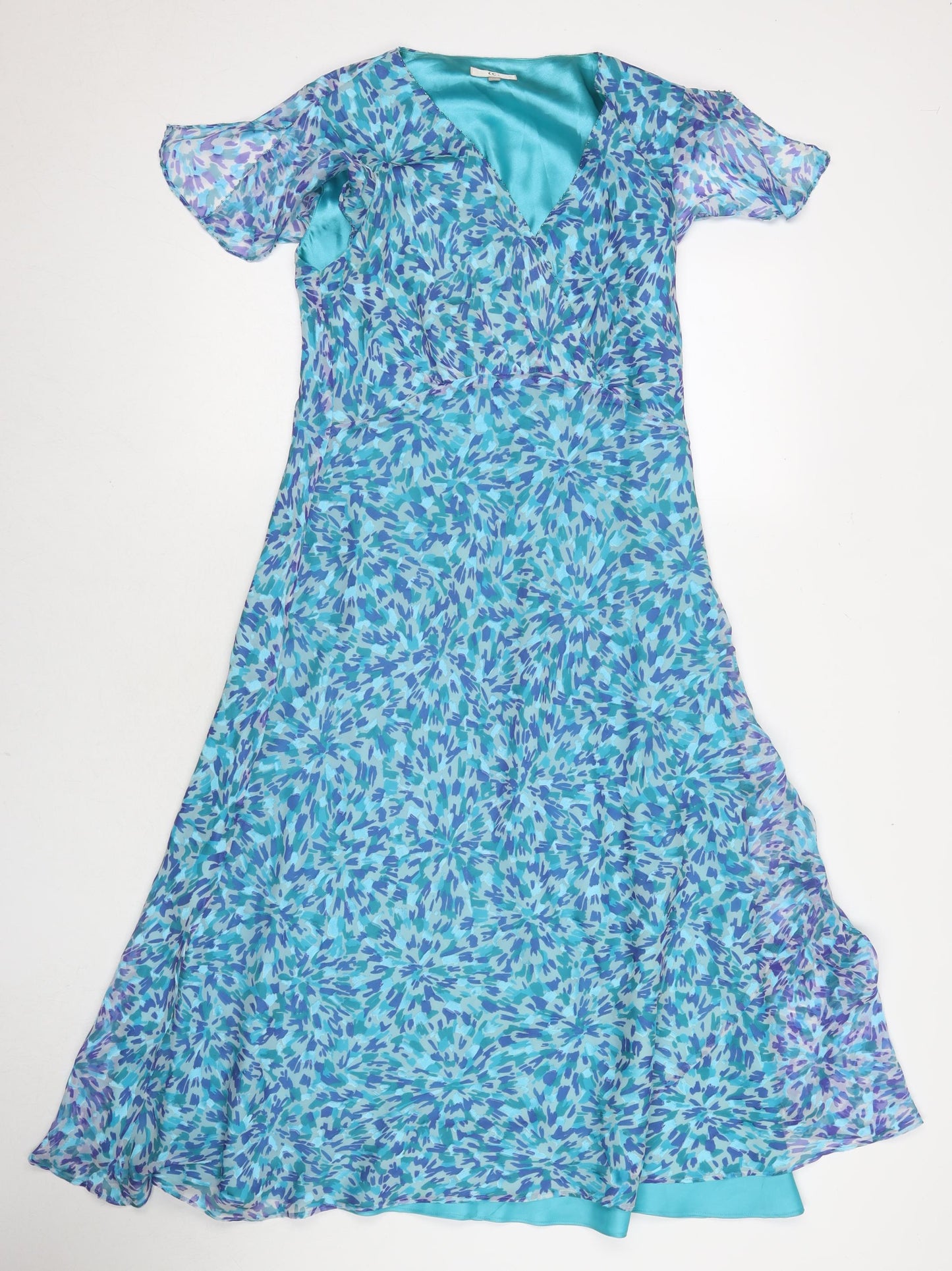 Country Casuals Womens Blue Floral Silk Maxi Size 10 V-Neck Pullover