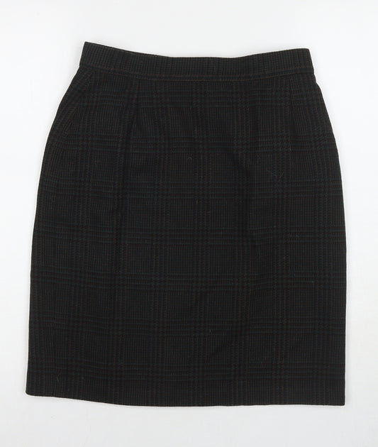 BHS Womens Black Check Wool A-Line Skirt Size 14 Zip