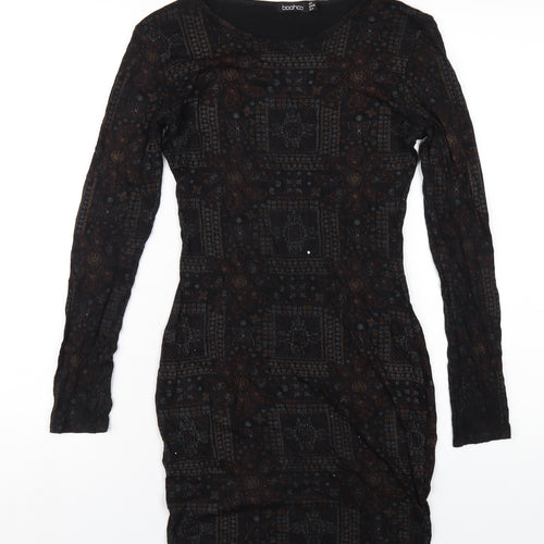 Boohoo Womens Black Geometric Viscose Bodycon Size 8 Round Neck Pullover