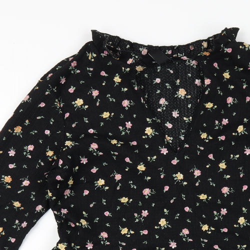 New Look Womens Black Floral Polyester A-Line Size 8 V-Neck Pullover