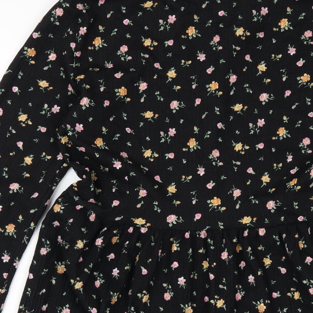 New Look Womens Black Floral Polyester A-Line Size 8 V-Neck Pullover