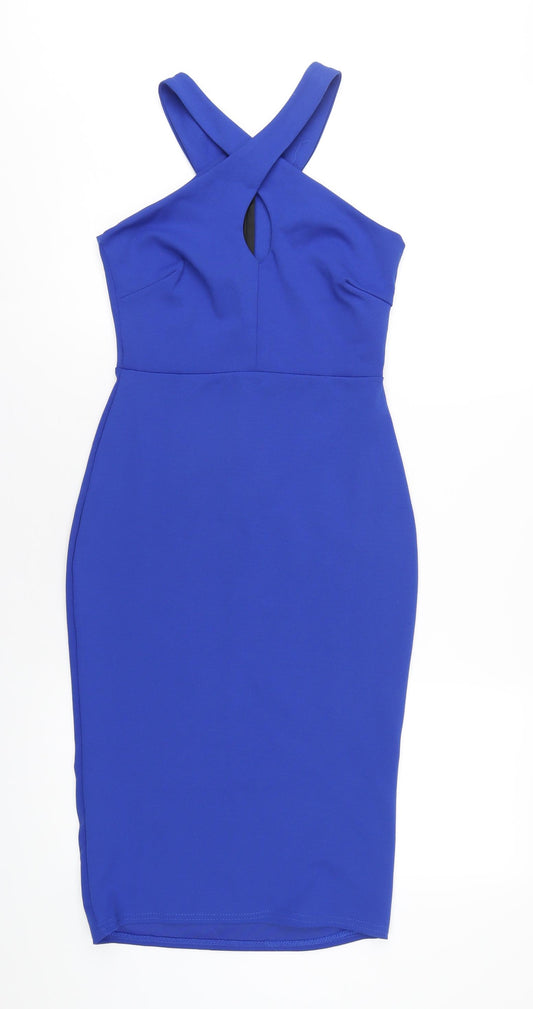 Boohoo Womens Blue Polyester Bodycon Size 8 Halter Zip