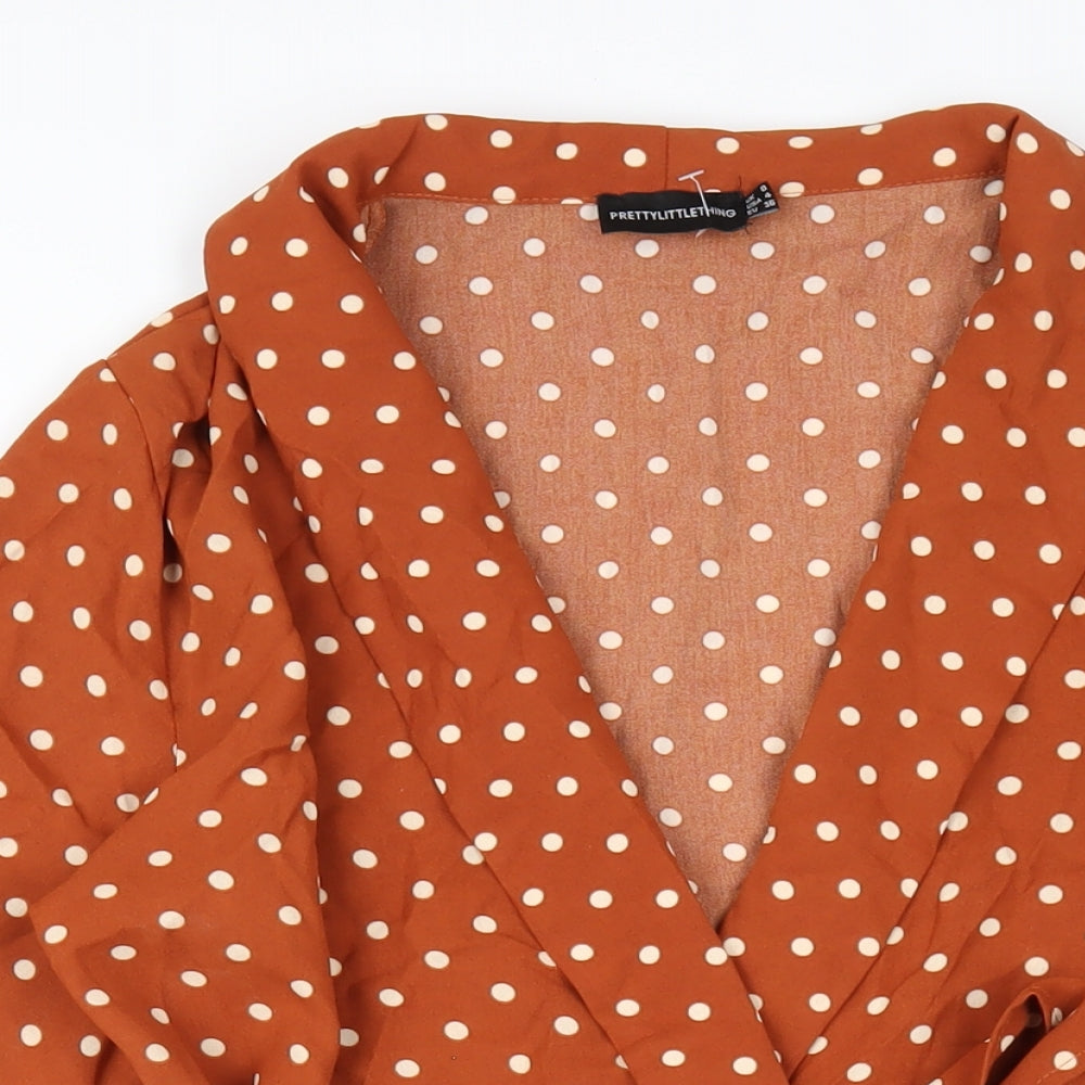 PRETTYLITTLETHING Womens Brown Polka Dot Polyester A-Line Size 8 V-Neck Pullover