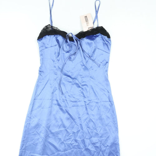 Missguided Womens Blue Polyester Slip Dress Size 10 Square Neck Zip - Lace Trim