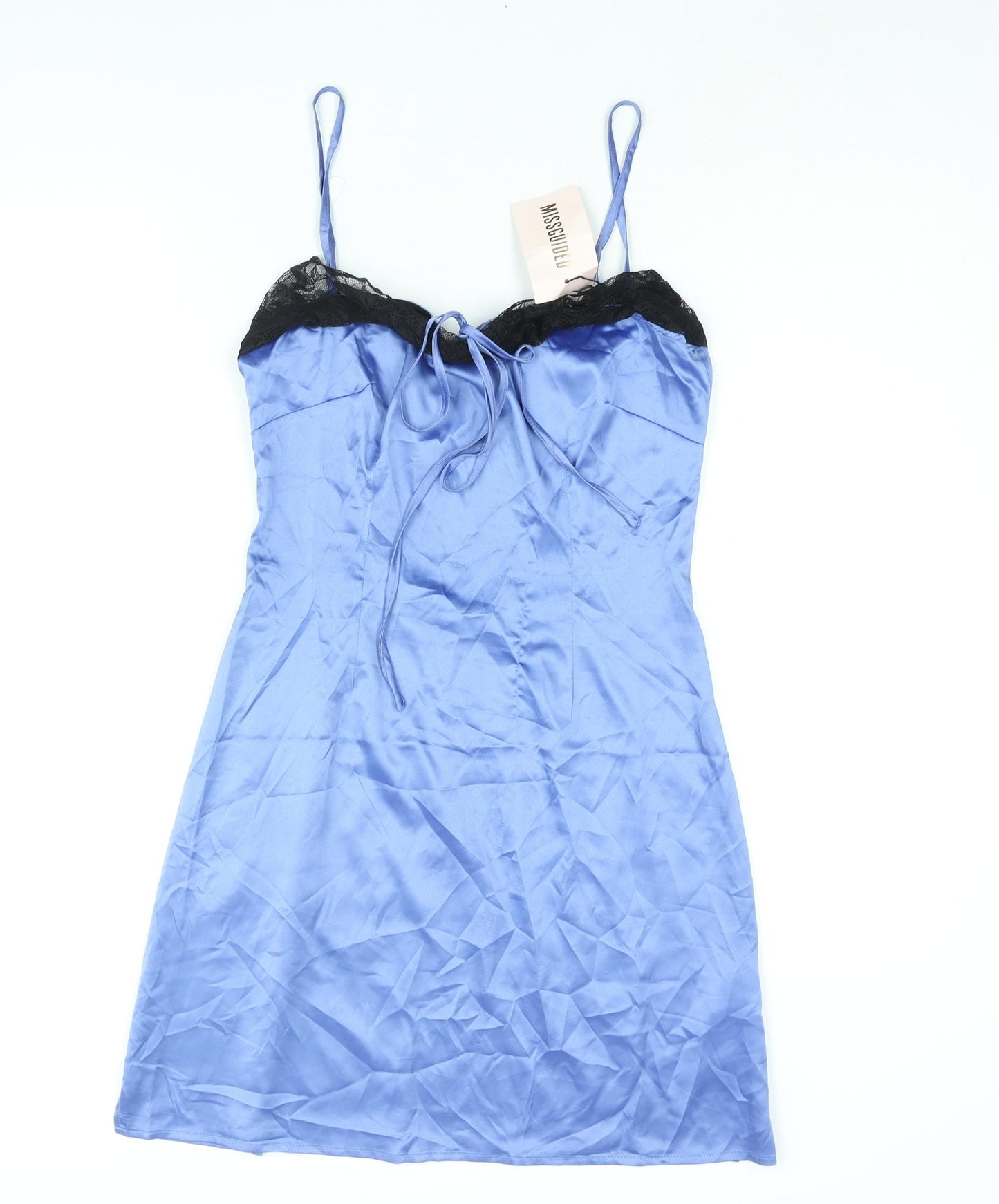 Missguided Womens Blue Polyester Slip Dress Size 10 Square Neck Zip - Lace Trim