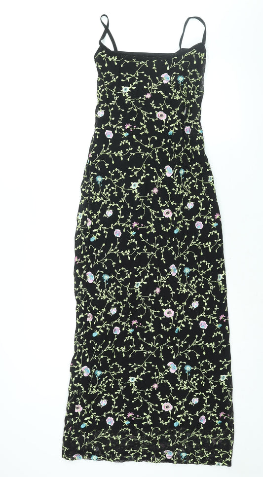 Karen Millen Womens Black Floral Nylon Maxi Size 10 Scoop Neck Pullover - Embroidered