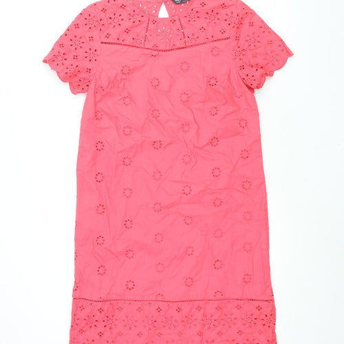 Marks and Spencer Womens Pink Cotton Shift Size 10 Round Neck Button - Lace Detail