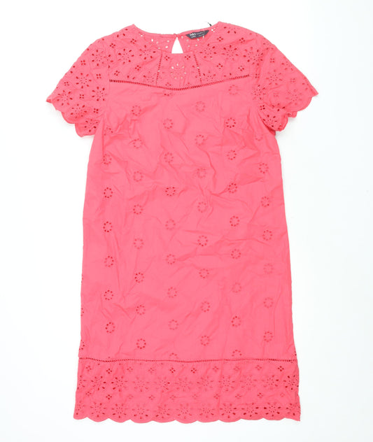 Marks and Spencer Womens Pink Cotton Shift Size 10 Round Neck Button - Lace Detail